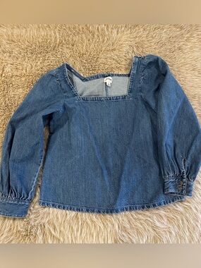J. Crew Denim Square-Neck Long Sleeve Top - Blue